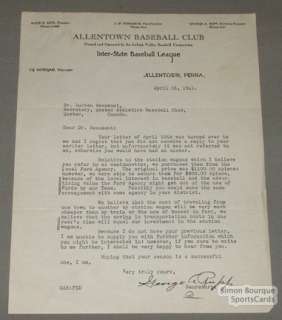 1941 Allentown Baseball Club George Rupp Signed Letter  